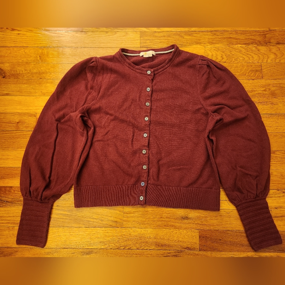 Boden Burgundy Cardigan Ribbed Knit Cuff Puffy Sleeves Women's UK 18 / US 14